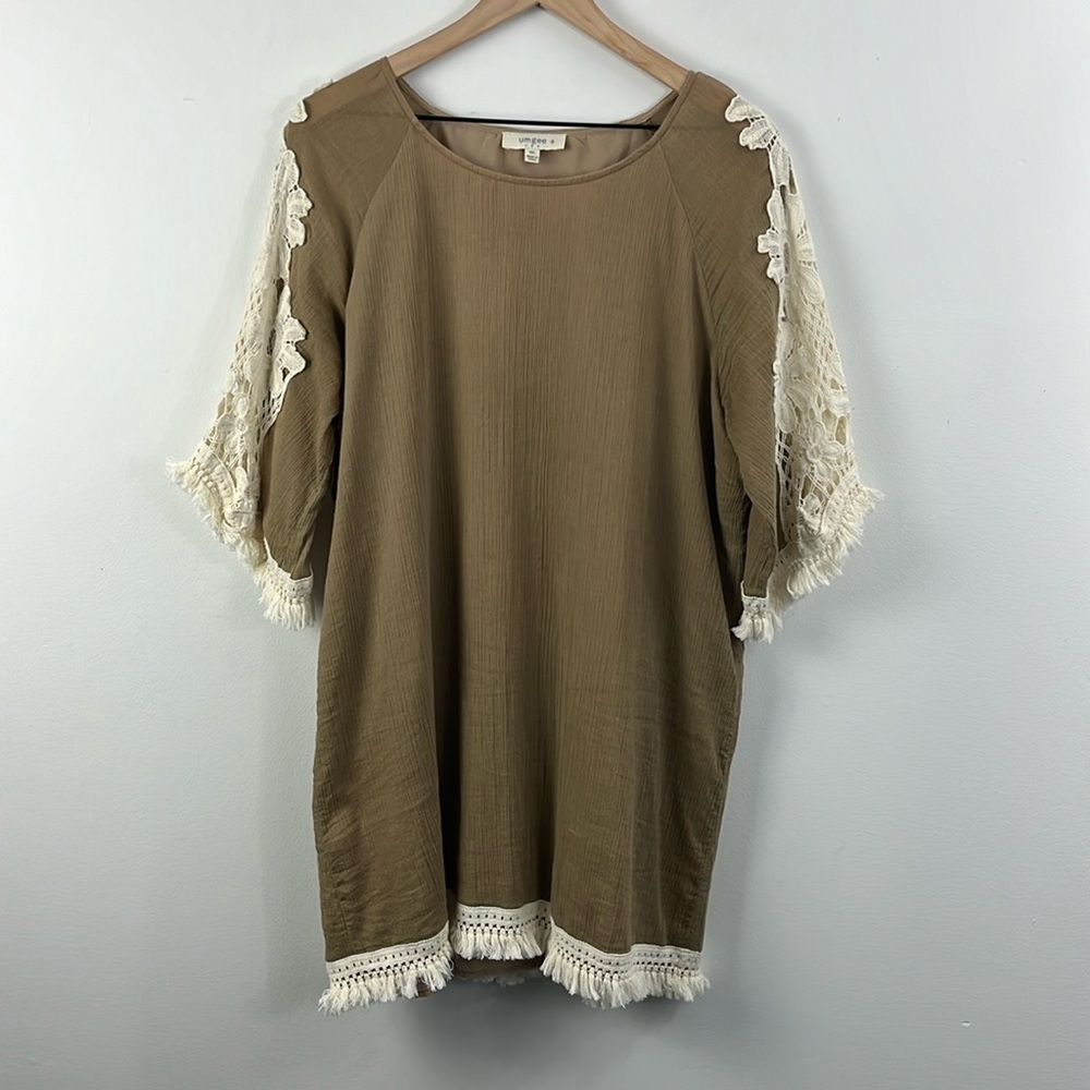 Umgee Tan Cream Boho Fringe Lace Coverup Shift Dress Womens Size 1XL